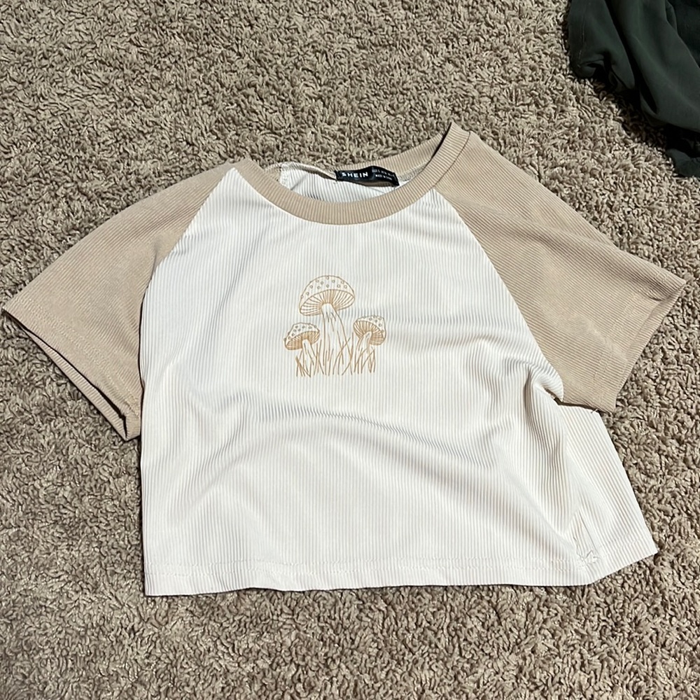 Brown and cream mushroom crop tee